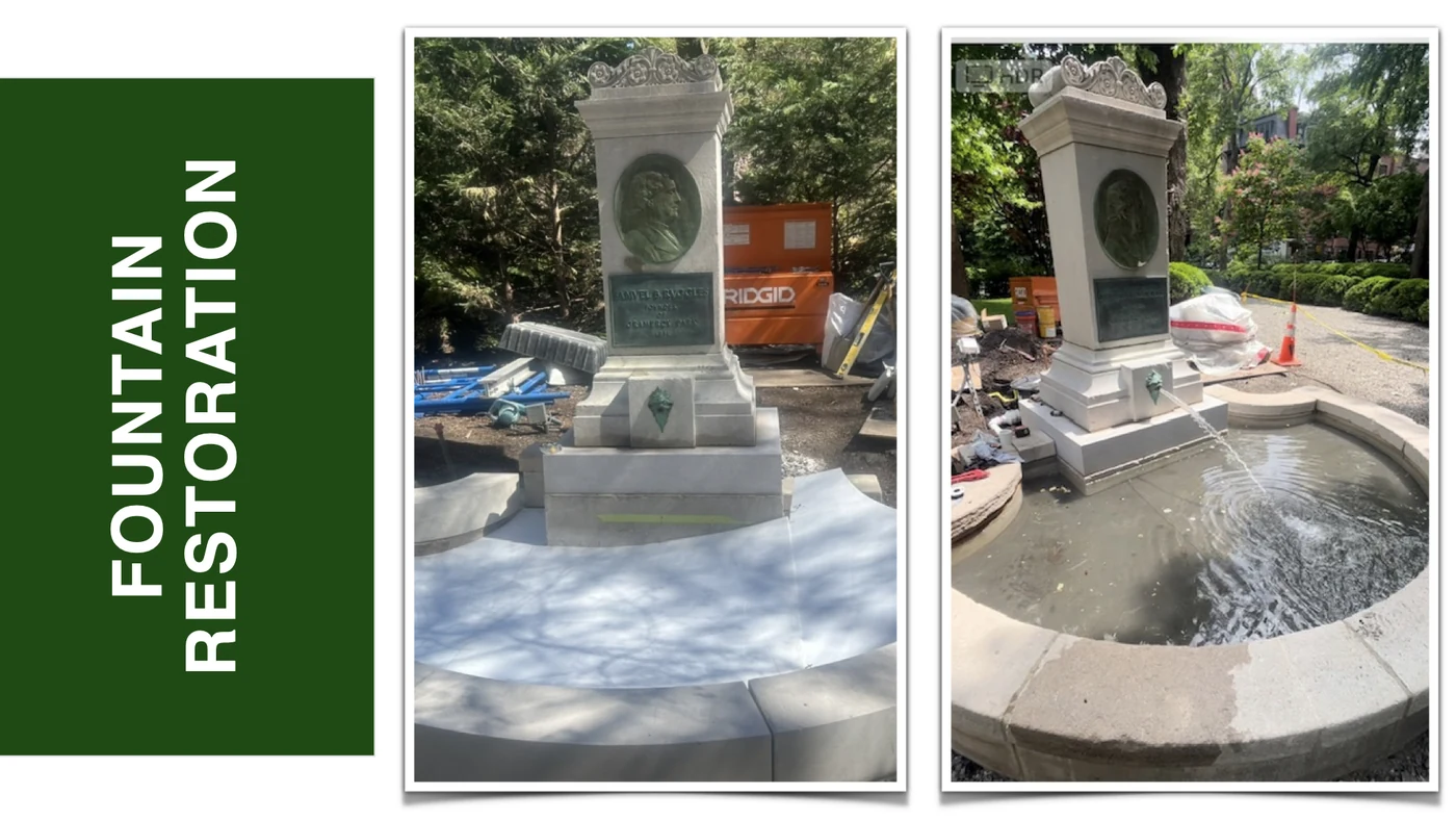 A labeled two-photo collage shows the restored Ruggles memorial and fountain basin.